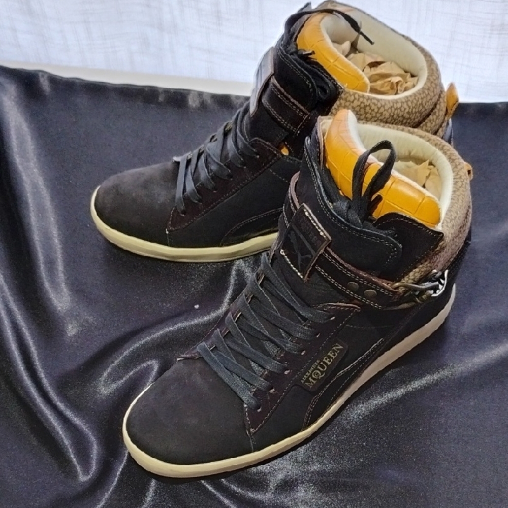 Puma X Alexander McQueen Dark Brown and Tan High-Top Sneakers